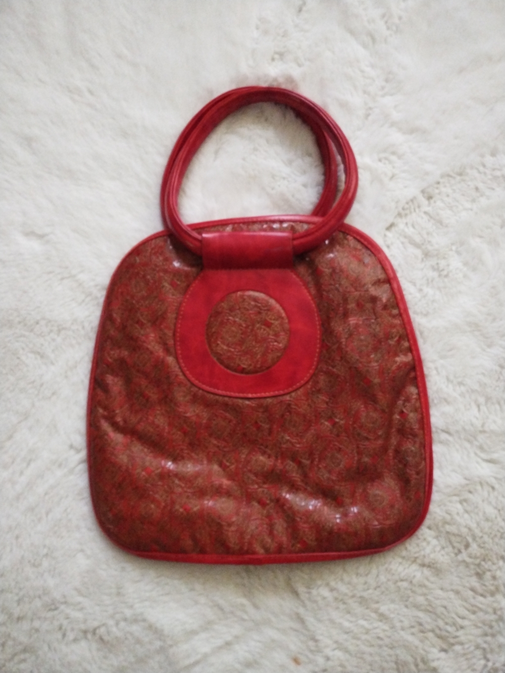 Vintage Red Patterned Shoulder Bag with Circular Accent